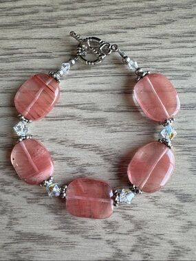 Red Cherry Quartz Stone Bead Toggle Bracelet with Swarovski Crystals